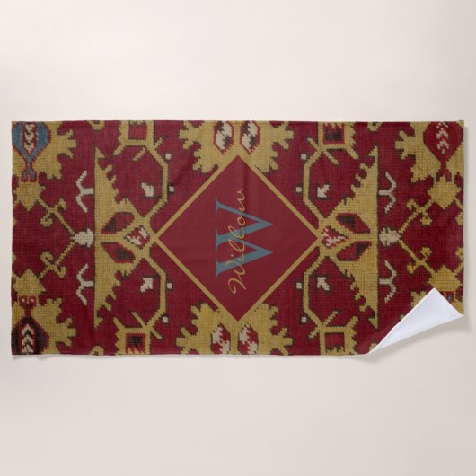 Antiek Monogrammed Oriental Persian Red Pattern Strandlaken (Voorkant)