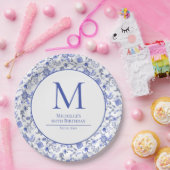 Antiek Monorgam Blauw Witte Bloemen Verjaardag Papieren Bordje (Feest)