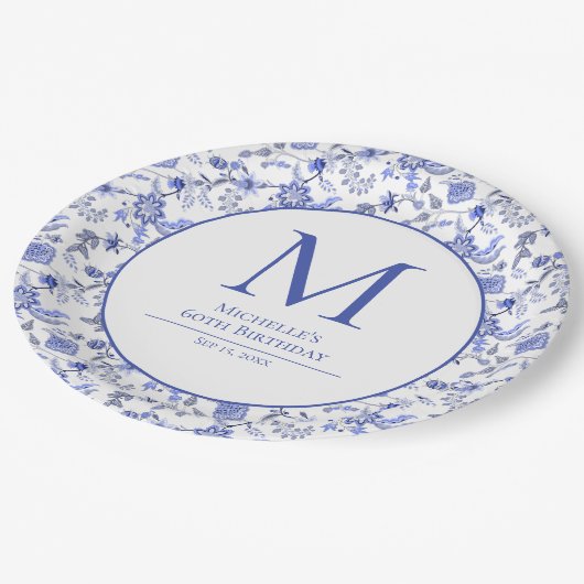 Antiek Monorgam Blauw Witte Bloemen Verjaardag Papieren Bordje (Gekanteld)