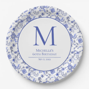 Antiek Monorgam Blauw Witte Bloemen Verjaardag Papieren Bordje