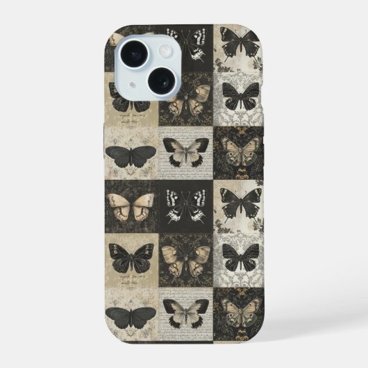 Antiek mot & vlinder collage iPhone 15 case (Achterkant)