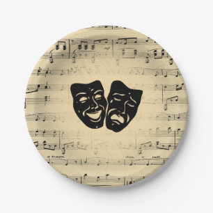 Antiek muziek- en bioscoopmaskers papieren bordje