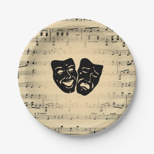 Antiek muziek- en theatermaskers papieren bordje (Voorkant)