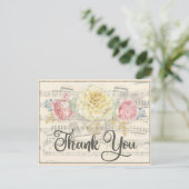 Antiek muziek met roze geel Floral Dank u Briefkaart (Staand voorkant)