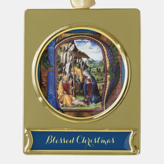 ANTIEK NATIVITEITSPARCHTIGE MONOGRAM-kerst Verguld Banner Ornament (Voorkant)