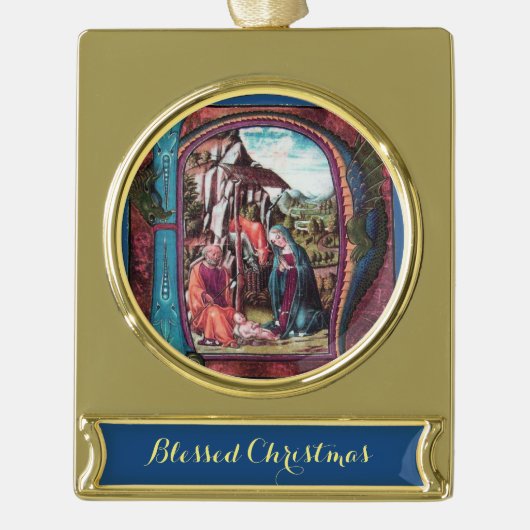 ANTIEK NATIVITEITSPARCHTIGE MONOGRAM-kerst Verguld Banner Ornament (Voorkant)