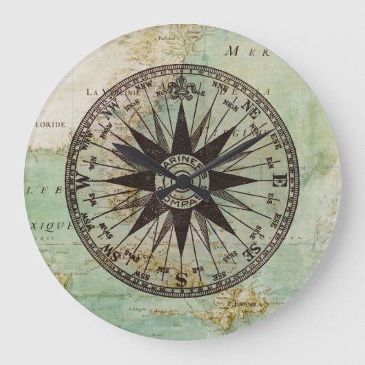 Antiek Nautical Compass & Map Clock Grote Klok (Voorkant)