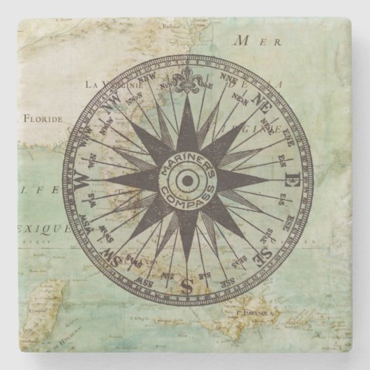 Antiek Nautical Compass & Map Marble Onderzetter (Voorkant)