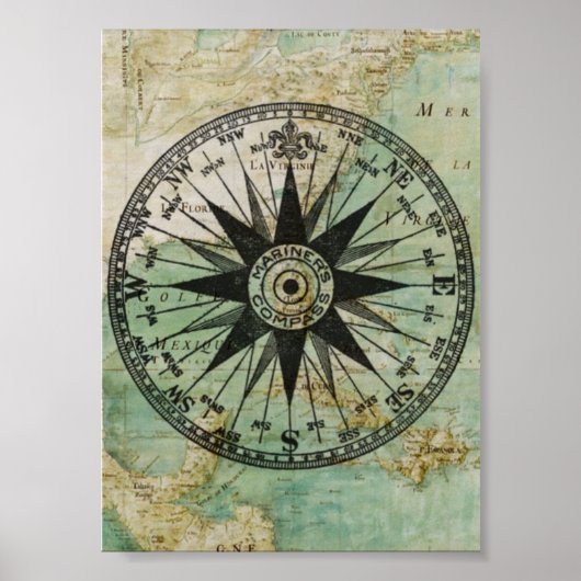 Antiek Nautical Compass & Map Poster (Voorkant)
