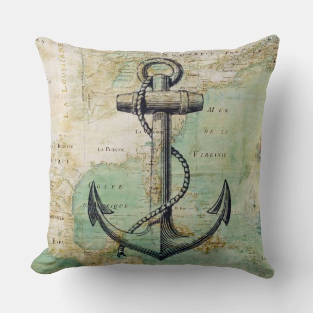 Antiek Nautical Map & Anchor Pillow Kussen (Voorkant)