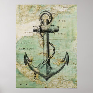 Antiek Nautical Map & Anchor Poster