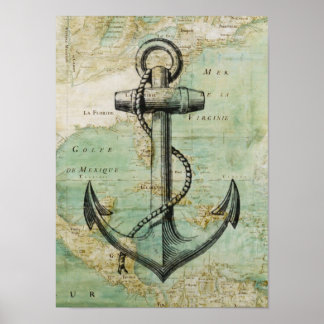 Antiek Nautical Map & Anchor Poster