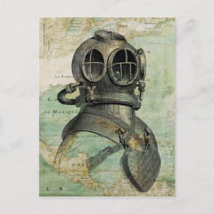 Antiek Nautical Map & Dive Helmet Briefkaart