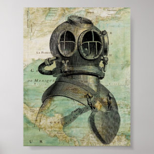 Antiek Nautical Map & Dive Helmet Poster