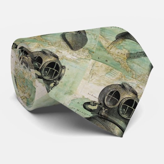 Antiek Nautical Map & Dive Helmet Stropdas (Opgerold)