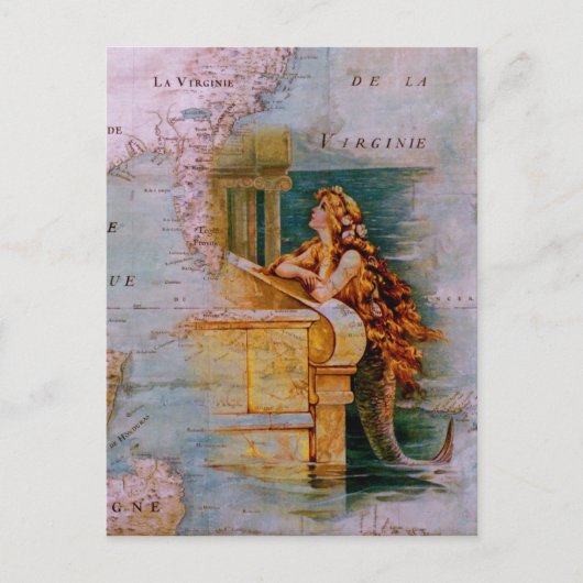 Antiek Nautical Map & Mermaid Briefkaart (Voorkant)