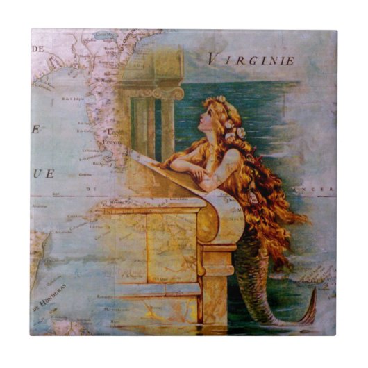 Antiek Nautical Map & Mermaid Tegeltje (Voorkant)