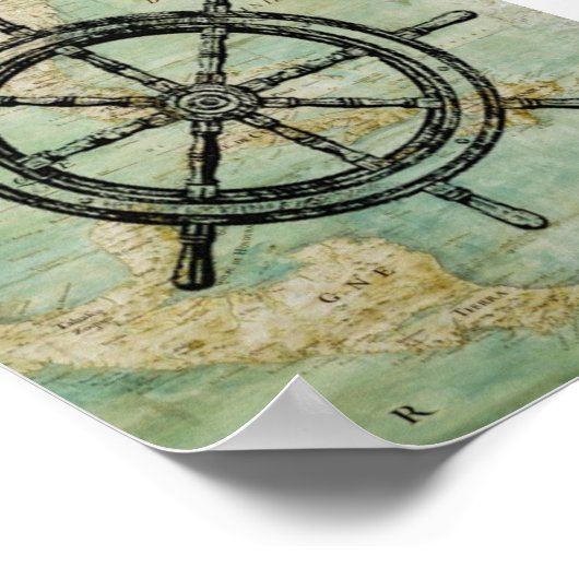 Antiek Nautical Ships Wheel & Map Poster (Hoek)