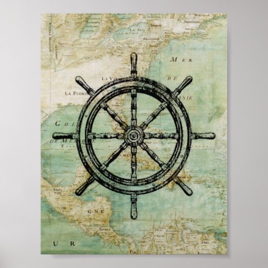 Antiek Nautical Ships Wheel & Map Poster (Voorkant)
