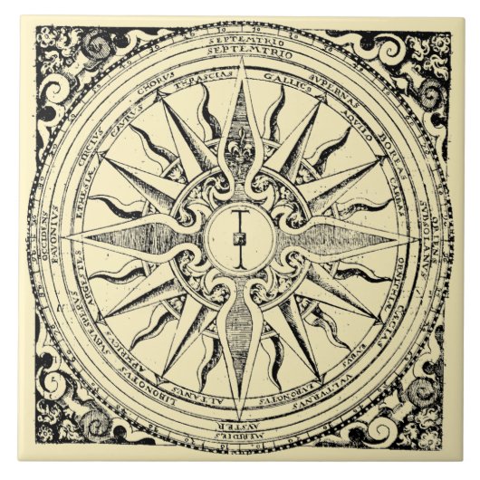 Antiek nautisch kompas en windenprint tegeltje (Voorkant)