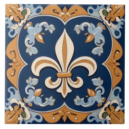  Antiek Navy Blue & Gold Fleur de Lis Tegeltje (Voorkant)