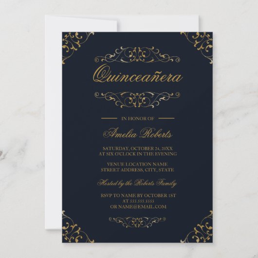 Antiek Navy Gold bloeien Quinceanera Uitnodiging (Voorkant)