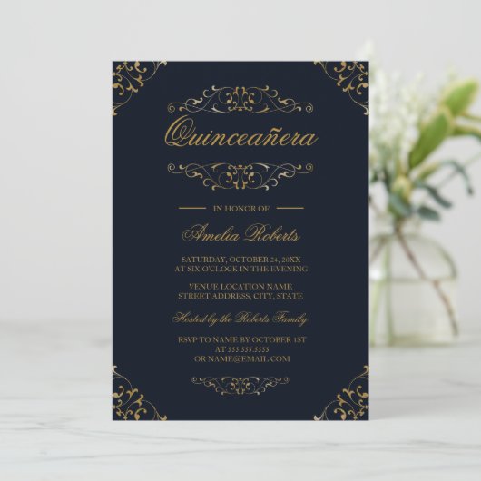 Antiek Navy Gold bloeien Quinceanera Uitnodiging (Staand voorkant)