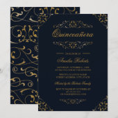 Antiek Navy Gold bloeien Quinceanera Uitnodiging (Voorkant / Achterkant)