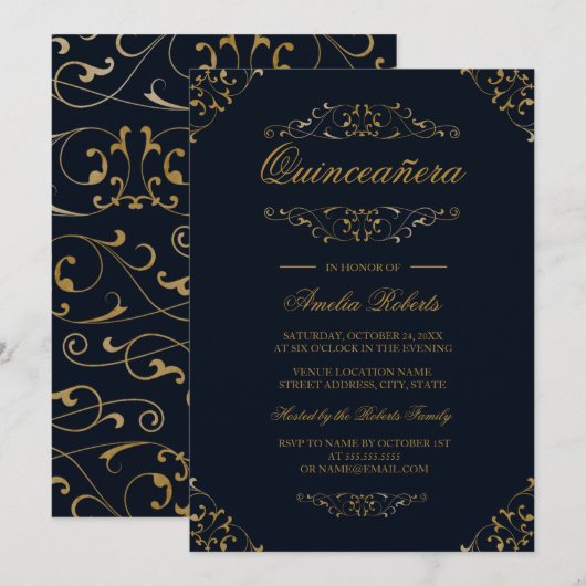 Antiek Navy Gold bloeien Quinceanera Uitnodiging (Voorkant / Achterkant)