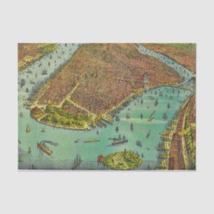 Antiek New York City Bird's Eye Uitzicht Map Tissuepapier