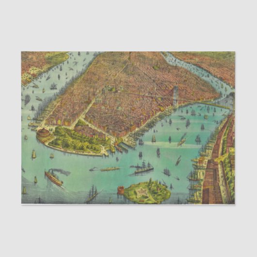Antiek New York City Bird's Eye Uitzicht Map Tissuepapier (Voorkant)