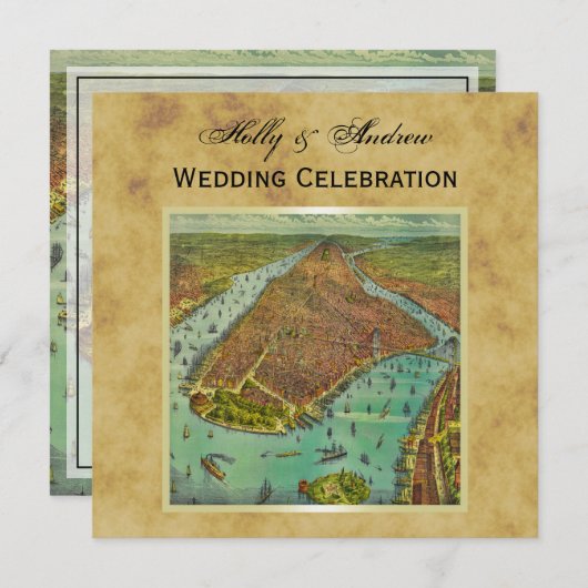 Antiek New York City Map Distsed BG SQ Wedding Kaart (Voorkant / Achterkant)