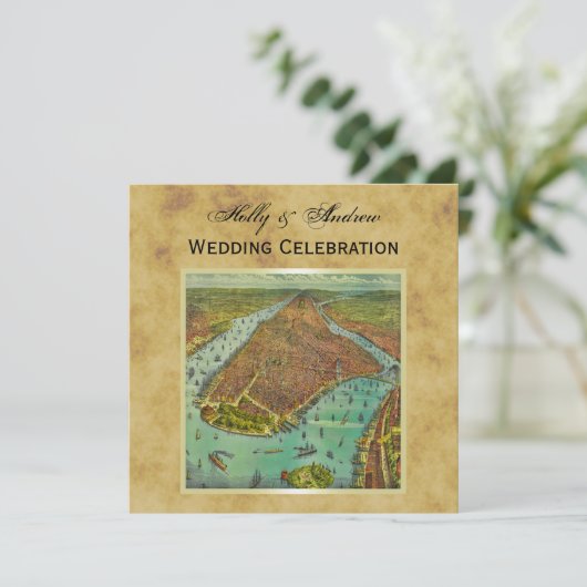 Antiek New York City Map Distsed BG SQ Wedding Kaart (Staand voorkant)