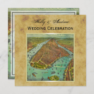Antiek New York City Map Distsed BG SQ Wedding Kaart
