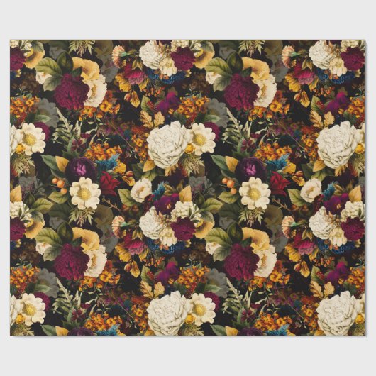 Antiek Nostalgisch Anemone en Rozen Patroonzwart Cadeaupapier (Vlak)