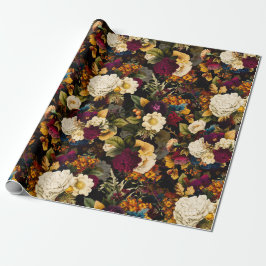 Antiek Nostalgisch Anemone en Rozen Patroonzwart Cadeaupapier