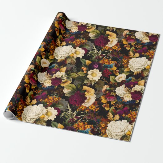 Antiek Nostalgisch Anemone en Rozen Patroonzwart Cadeaupapier (Uitgerold)