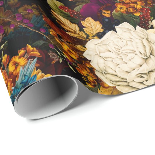 Antiek Nostalgisch Anemone en Rozen Patroonzwart Cadeaupapier (Rol Hoek)