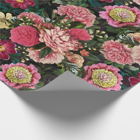 Antiek Nostalgisch Redouté Peonies Patroon zwart Cadeaupapier (Hoek)