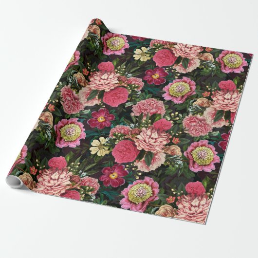 Antiek Nostalgisch Redouté Peonies Patroon zwart Cadeaupapier (Uitgerold)