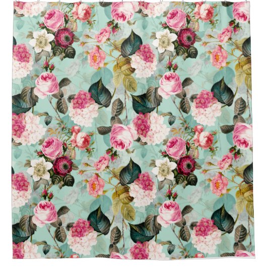 Antiek nostalgisch Redouté Rozen Patroonmunt Douchegordijn (Voorkant)