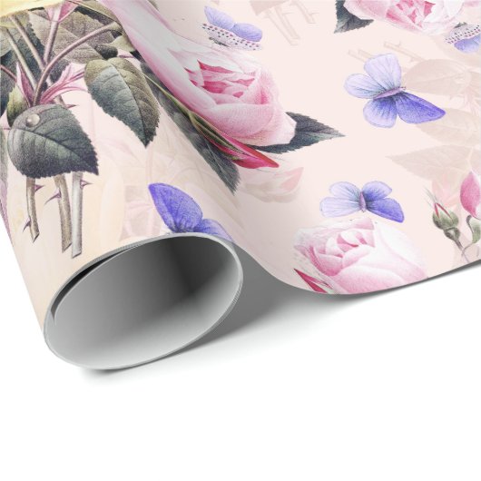 Antiek Nostalgische Redouté-Rozen Bloemkokers Cadeaupapier (Rol Hoek)