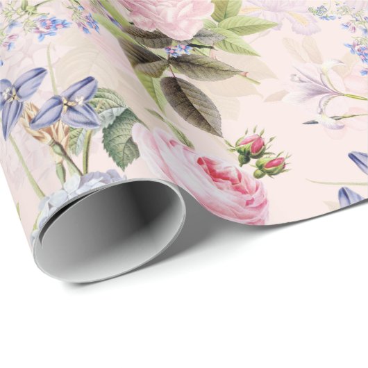 Antiek Nostalgische Redouté Rozen boeketten op roz Cadeaupapier (Rol Hoek)