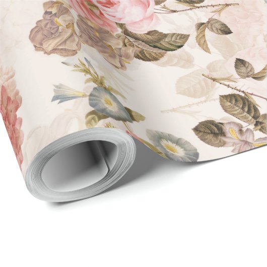 Antiek Nostalgische Redouté Rozen Patroon sepia Cadeaupapier (Rol Hoek)