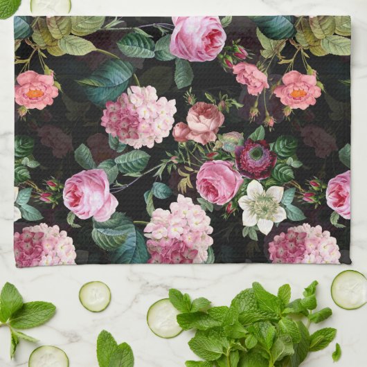 Antiek nostalgische Rozen Patroonzwart Theedoek (Gevouwen)