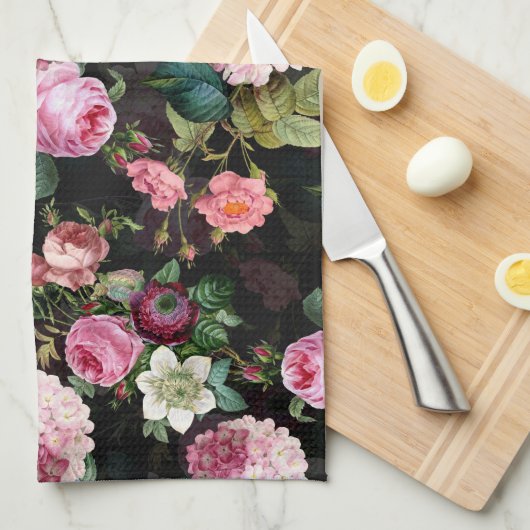 Antiek nostalgische Rozen Patroonzwart Theedoek (Quarter Fold)