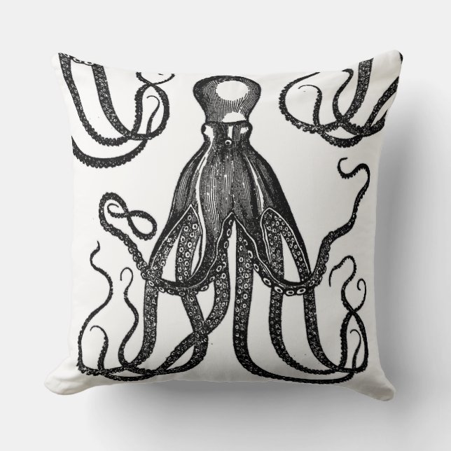 Antiek Octopus met Tentakels Zwart Kussen (Voorkant)