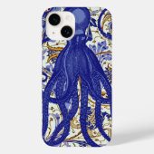 Antiek octopus op Blauwe Gouden Bloemen Case-Mate iPhone Case (Achterkant)
