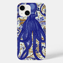 Antiek octopus op Blauwe Gouden Bloemen Case-Mate iPhone 14 Hoesje