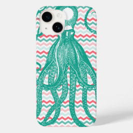 Antiek Octopus op koraal en Aqua Chevrons Case-Mate iPhone 14 Hoesje